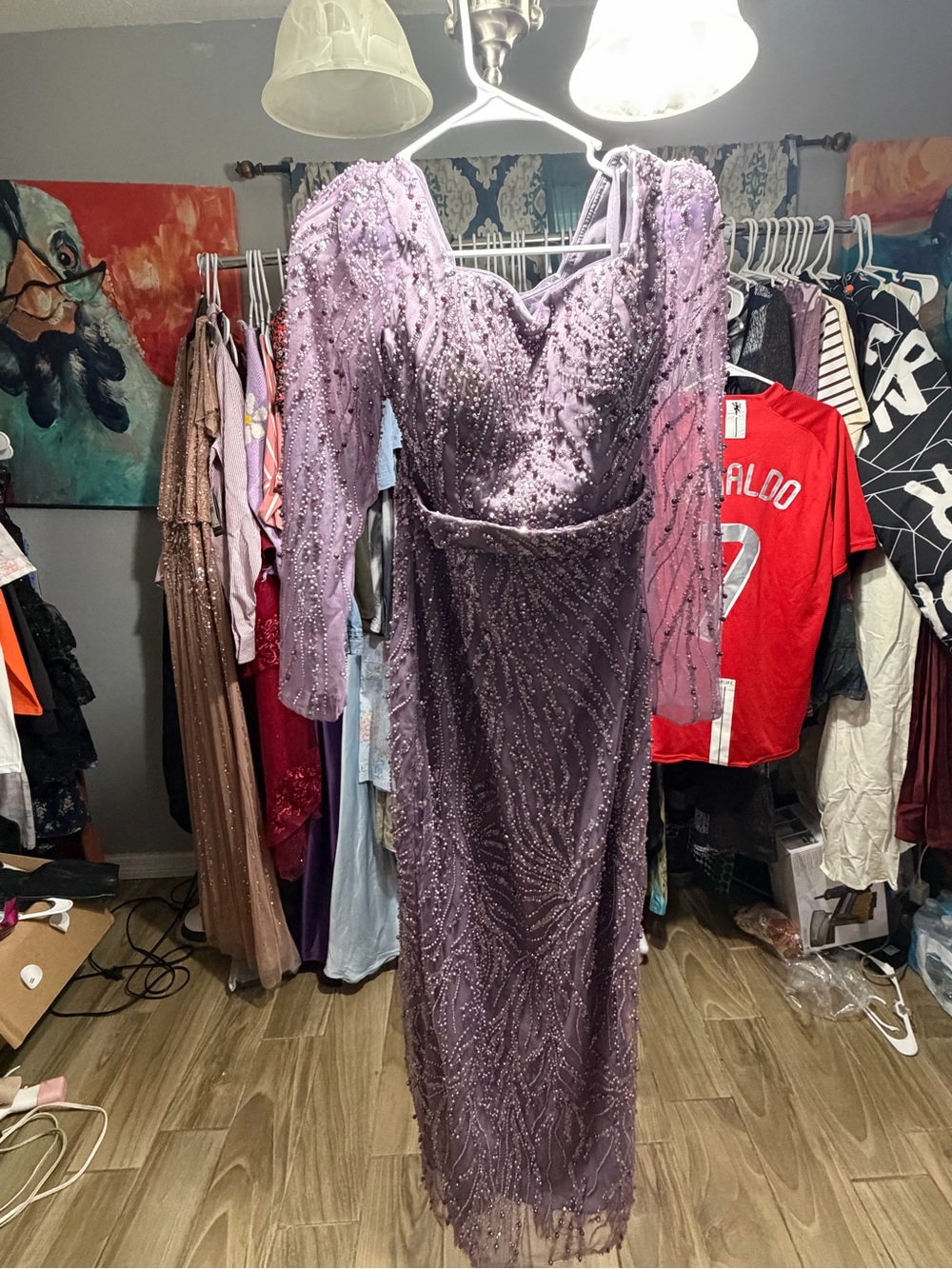 Lilac Beaded Long Sleeve Evening Dress